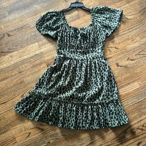 Tiered Fall Dress - Junior XXS ruffled green cheetah print